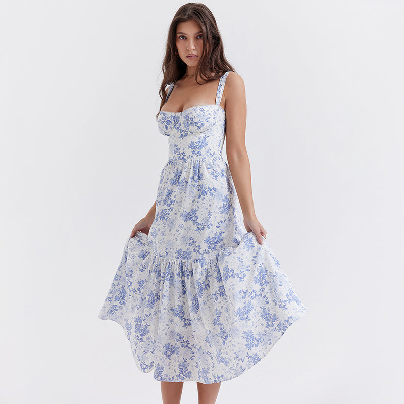 Floral Sleeveless Strap Midi Dress XS / Blue - ENCHANTE VOGUE