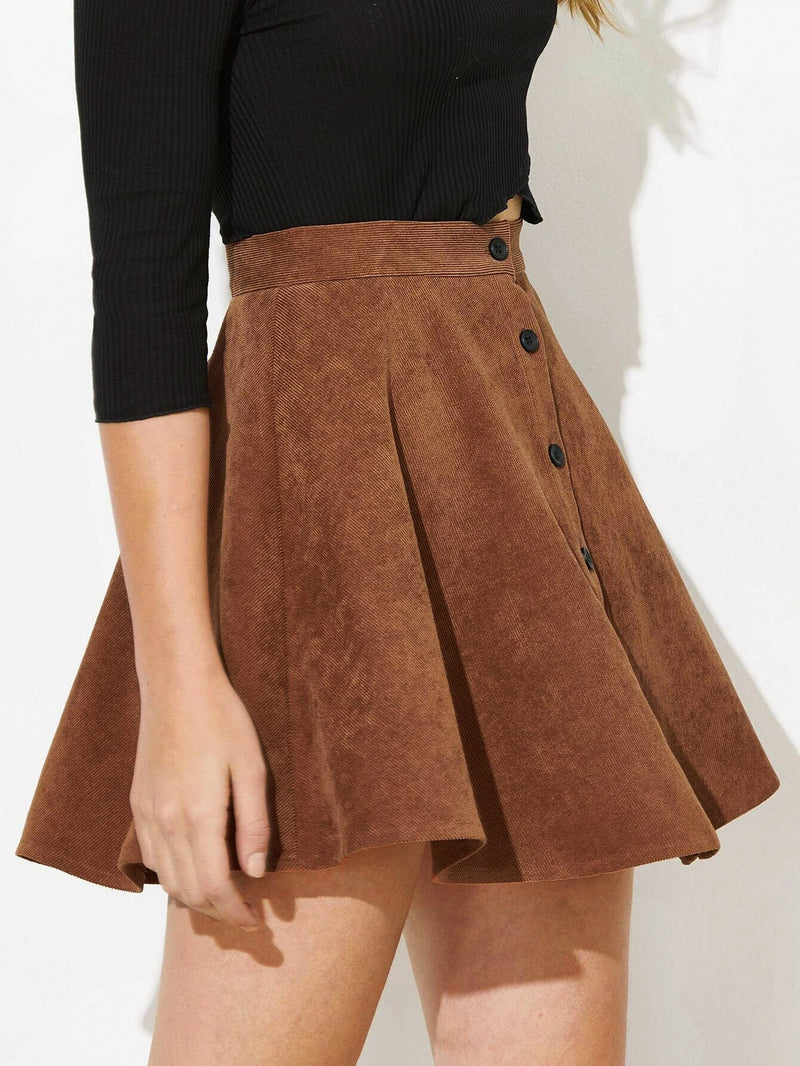 Corduroy Single Row Button Skirt S / Black - ENCHANTE VOGUE