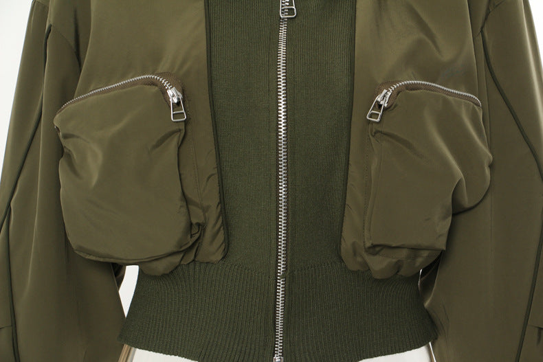 Varsity Three-Dimensional Zipper Jacket M / Army Green - ENCHANTE VOGUE