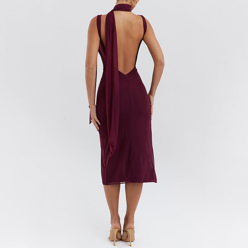 Mesh Stitching Swing Collar Sleeveless Split Midi Dress S / Burgundy - ENCHANTE VOGUE