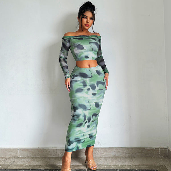 Slim Fit off Neck Skirt Set S / Green - ENCHANTE VOGUE