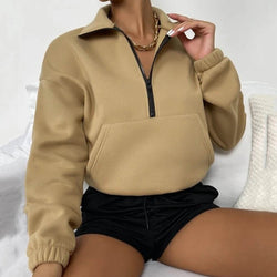 Loose Zip Collar Long Sleeve Sweatshirt S / Khaki - ENCHANTE VOGUE