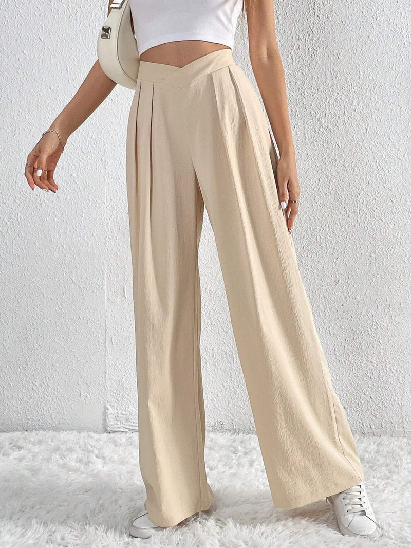 Office Pleated Casual Wide Leg Trousers S / Apricot - ENCHANTE VOGUE