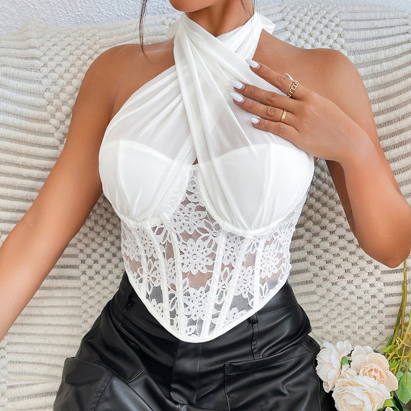 Lace Mesh Cross Halterneck Rhombus Boning Corset Top XS / White - ENCHANTE VOGUE