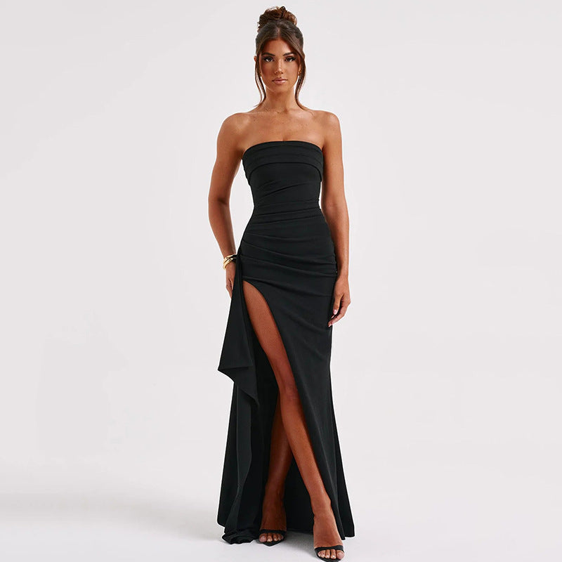 Off Neck Tube Top High Slit Maxi Dress S / Black - ENCHANTE VOGUE