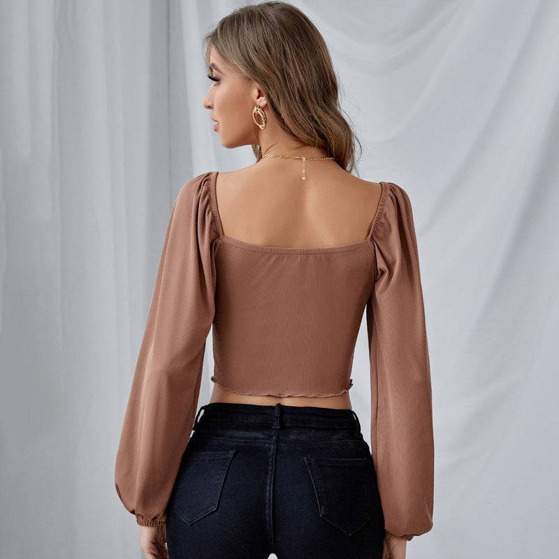 Slim-Fit Cropped Lantern Drawstring Knitted Long-Sleeved Top S / Brown - ENCHANTE VOGUE