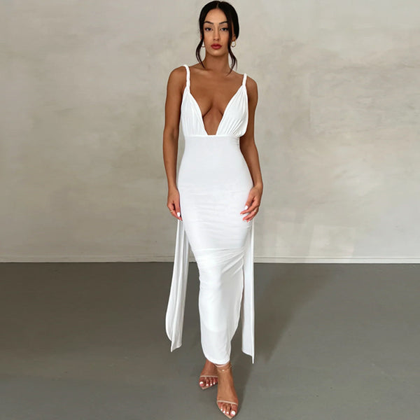 Sexy Deep V Backless Split Maxi Dress S / White - ENCHANTE VOGUE