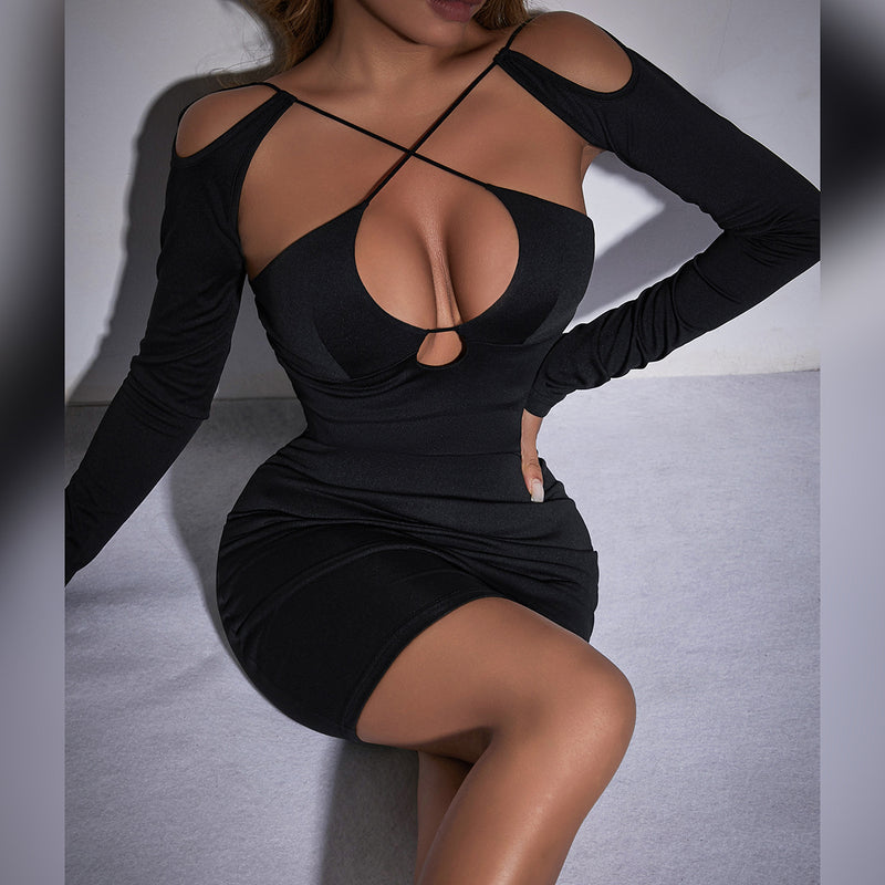 Sexy Cutout Long Sleeve Sheath Mini Dress S / Black - ENCHANTE VOGUE