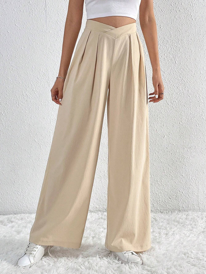 Office Pleated Casual Wide Leg Trousers S / Apricot - ENCHANTE VOGUE