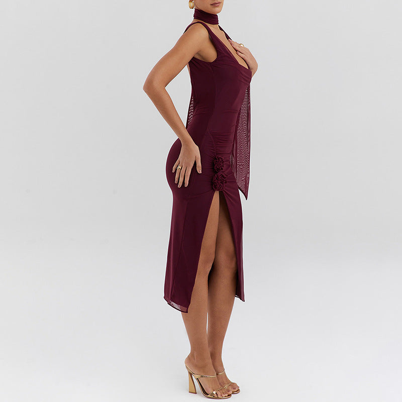 Mesh Stitching Swing Collar Sleeveless Split Midi Dress S / Burgundy - ENCHANTE VOGUE