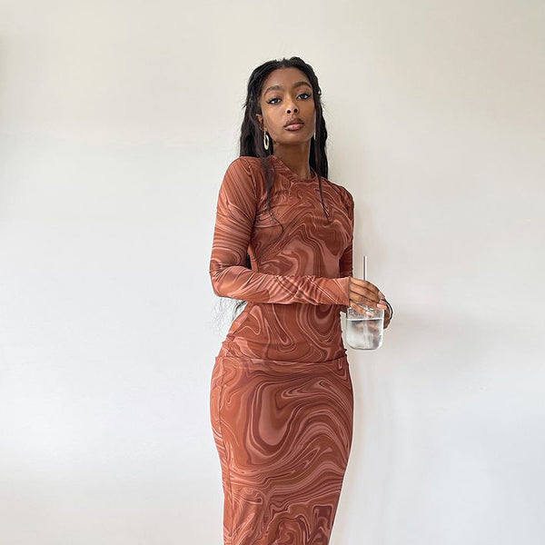 Round Neck Long Sleeve Midi Dress S / Brown - ENCHANTE VOGUE