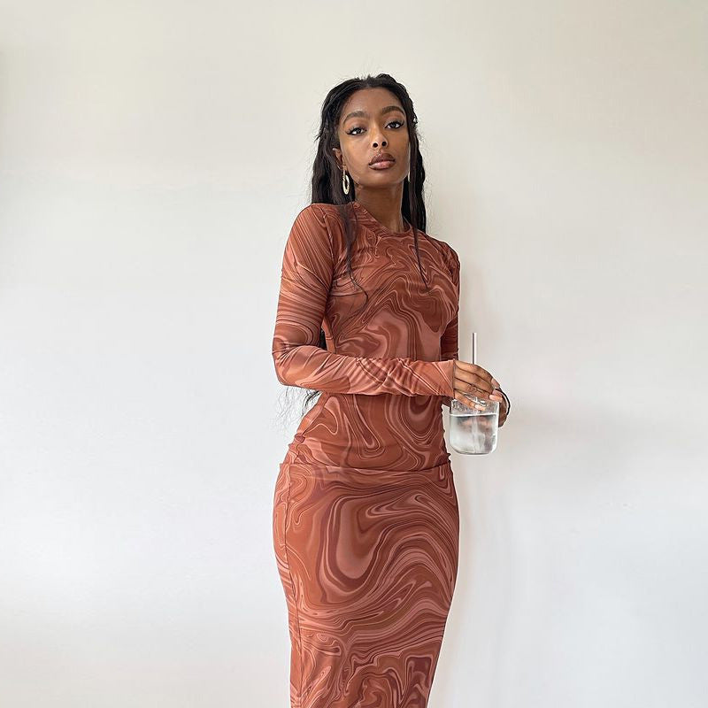 Round Neck Long Sleeve Midi Dress S / Brown - ENCHANTE VOGUE