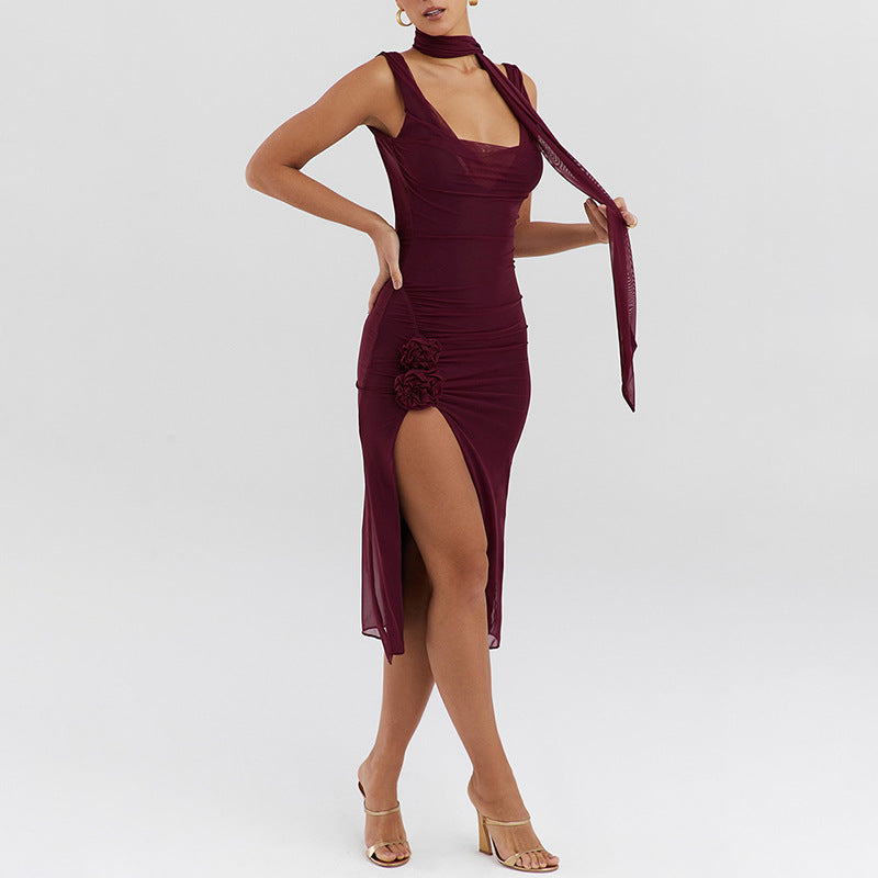 Mesh Stitching Swing Collar Sleeveless Split Midi Dress S / Burgundy - ENCHANTE VOGUE