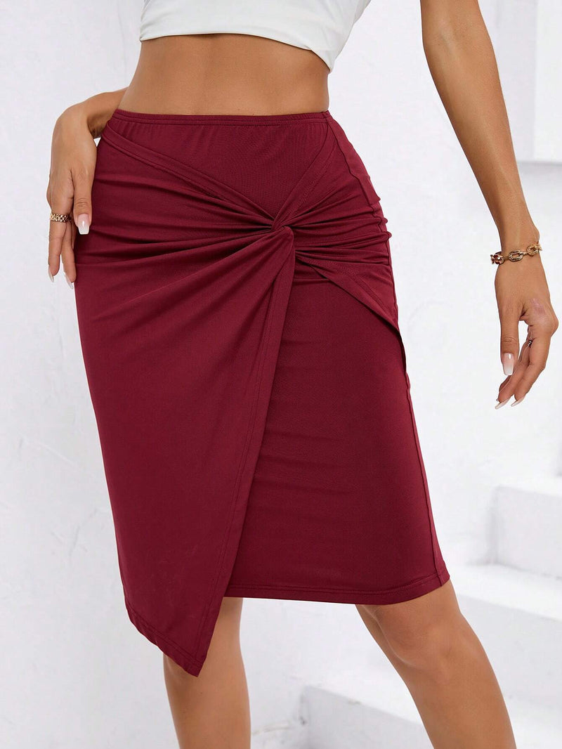 Twist Irregular Asymmetric Sheath Skirt S / Burgundy - ENCHANTE VOGUE