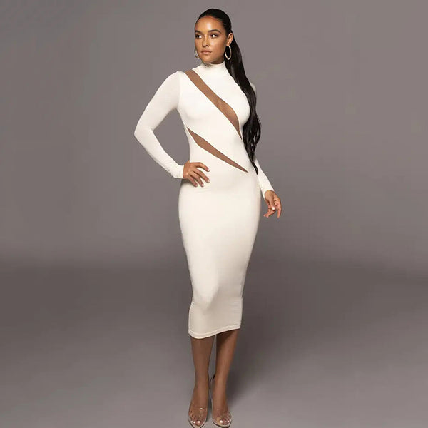 Round Neck Long Sleeve Stitching Midi Dress S / White - ENCHANTE VOGUE